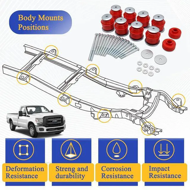 Alt view image 3 of 7 - Super Duty Red Body Mount Bushing Kit for 2008-2016 Ford F250 F350 2WD 4WD Polyurethane Body Cab Mounts KF04060BK