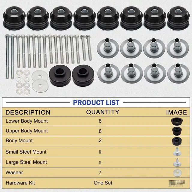 Alt view image 6 of 7 - Black Super Duty Body Mount Bushing Kit for 2008-2016 Ford F250 F350 2WD 4WD Polyurethane Body Cab Mounts & Steel Sleeves & Hardware KF04060BK