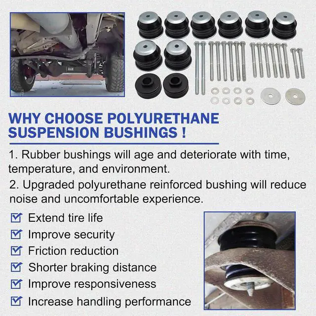 Alt view image 5 of 7 - Black Super Duty Body Mount Bushing Kit for 2008-2016 Ford F250 F350 2WD 4WD Polyurethane Body Cab Mounts & Steel Sleeves & Hardware KF04060BK
