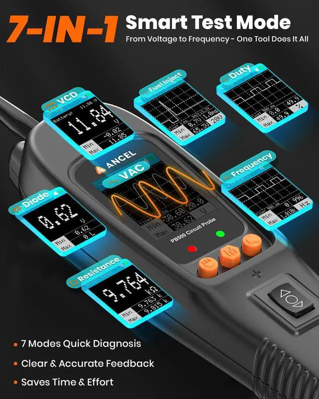 Alt view image 3 of 7 - PB500 Automotive Power Circuit Probe, 12-24 VDC Car Electrical Diagnostic Tool, Component Activation, Injector Duty-Cycle Ground Test, AC/DC Voltage Current Resistance, Short Finder, Ohmmeter