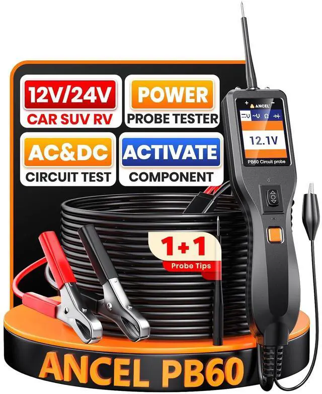 Main image of PB60 Automotive Power Circuit Probe Tester 12-24V, All-in-One Electrical Diagnostic Tool with Component Activation, Short Finder, Digital Multimeter Ohmmeter Functions for Cars Trucks RVs