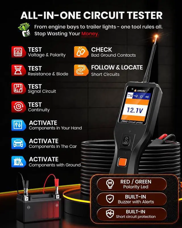 Alt view image 2 of 7 - PB60 Automotive Power Circuit Probe Tester 12-24V, All-in-One Electrical Diagnostic Tool with Component Activation, Short Finder, Digital Multimeter Ohmmeter Functions for Cars Trucks RVs