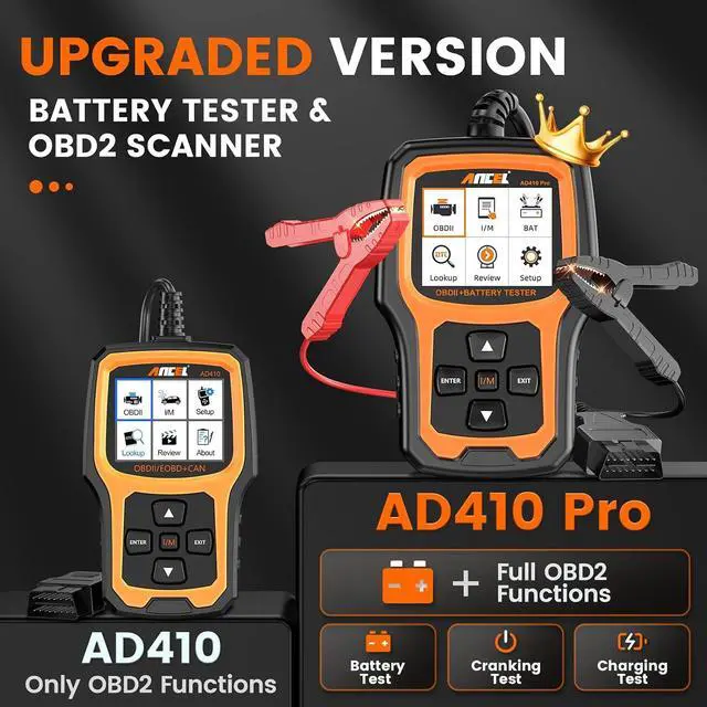 Alt view image 2 of 7 - AD410 PRO OBD2 Scanner and Battery Tester, 2-in-1 Car Diagnostic Tool, Check Engine Light, EVAP Test, Live Data, 12V Battery Analyzer with Cranking & Charging System Test for Car Motorcycle