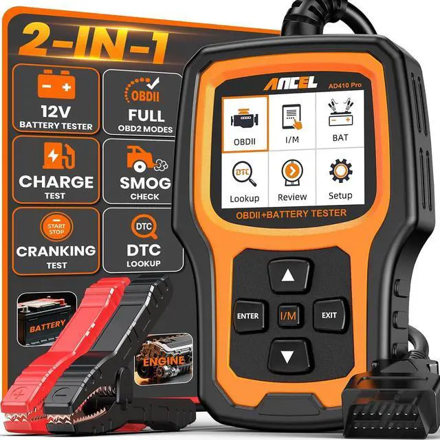 Main image of AD410 PRO OBD2 Scanner and Battery Tester, 2-in-1 Car Diagnostic Tool, Check Engine Light, EVAP Test, Live Data, 12V Battery Analyzer with Cranking & Charging System Test for Car Motorcycle