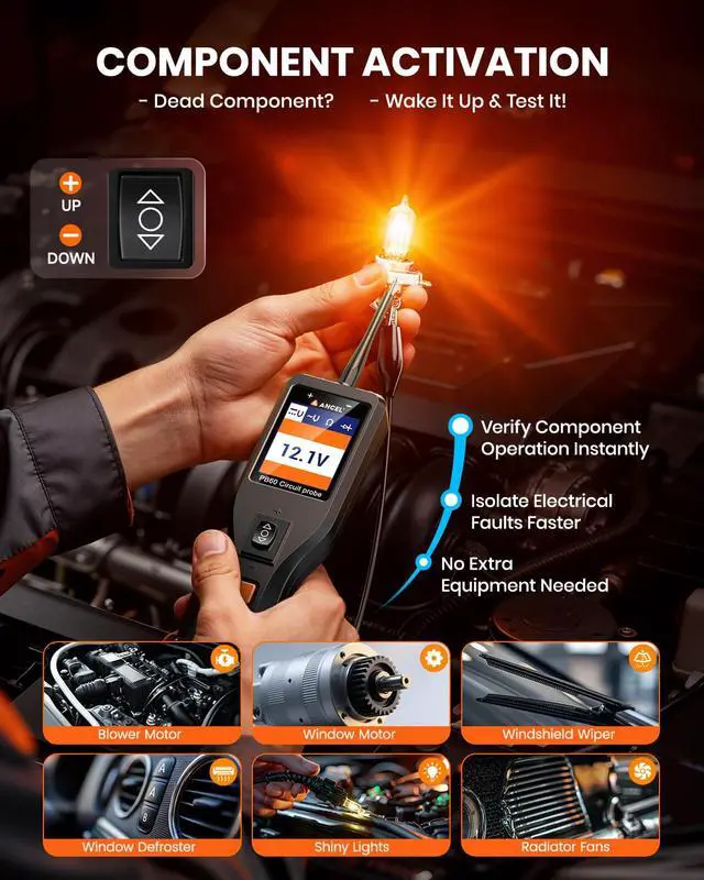 Alt view image 3 of 7 - PB60 Automotive Power Circuit Probe Tester 12-24V, All-in-One Electrical Diagnostic Tool with Component Activation, Short Finder, Digital Multimeter Ohmmeter Functions for Cars Trucks RVs