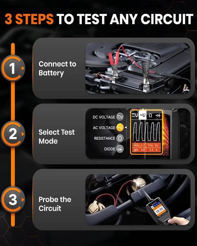 Alt view image 6 of 7 - PB60 Automotive Power Circuit Probe Tester 12-24V, All-in-One Electrical Diagnostic Tool with Component Activation, Short Finder, Digital Multimeter Ohmmeter Functions for Cars Trucks RVs