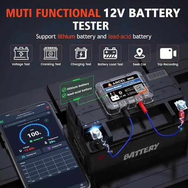 Alt view image 2 of 7 - BM200 Blue-US Battery Monitor 12V Automotive Bluetooth Auto Battery Load Tester with Cranking Charging Test Alarm Record Voltage History Voltmeter for Car (Blue Version)