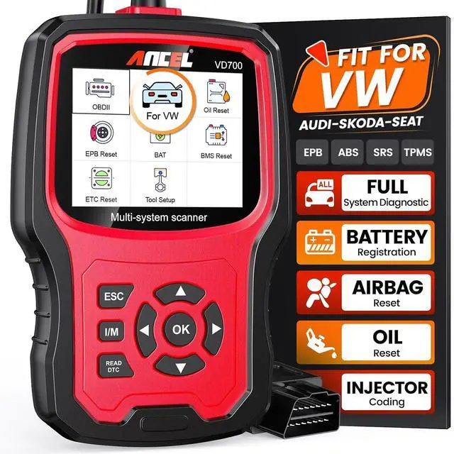 Main image of VD700 OBD2 Diagnostic Code Reader Scan Tool Fit for Volkswagen Audi VW Skoda Seat, All Functions OBD11 Scanner for VAG Vehicles with Battery Registration EPB Reset (Upgraded VD500)