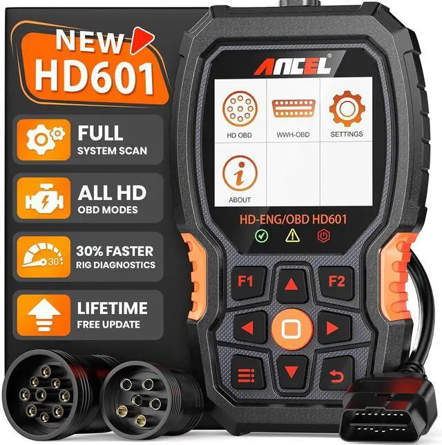 Main image of New HD601 Heavy Duty Truck Scanner, Diesel Full System Diagnostic Scan Tool Fits for Cummins, Detroit, Volvo, Paccar & Caterpillar, 2 in 1 HDOBD & OBD2 Code Reader for Commercial Vehicles & Cars