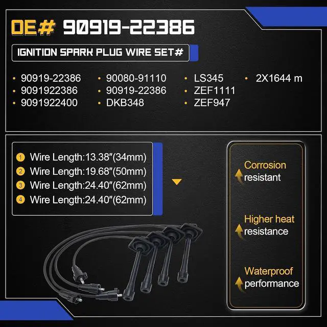 Alt view image 6 of 7 - 90919-22386 Ignition Spark Plug Wire Set for Toyota Camry 1997-2001,RAV4 1998-2000,Solara 1999-2001 L4 Replaces# 90919-22400