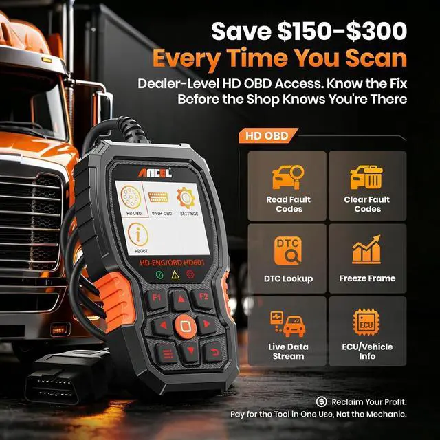 Alt view image 4 of 7 - New HD601 Heavy Duty Truck Scanner, Diesel Full System Diagnostic Scan Tool Fits for Cummins, Detroit, Volvo, Paccar & Caterpillar, 2 in 1 HDOBD & OBD2 Code Reader for Commercial Vehicles & Cars