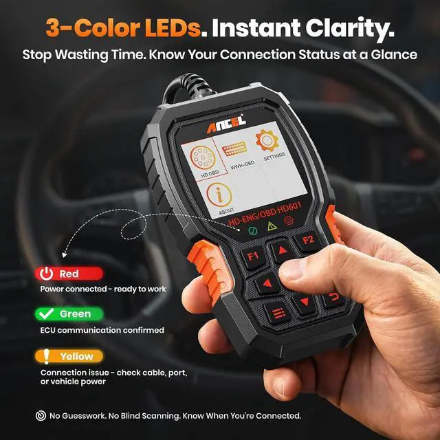 Alt view image 7 of 7 - New HD601 Heavy Duty Truck Scanner, Diesel Full System Diagnostic Scan Tool Fits for Cummins, Detroit, Volvo, Paccar & Caterpillar, 2 in 1 HDOBD & OBD2 Code Reader for Commercial Vehicles & Cars