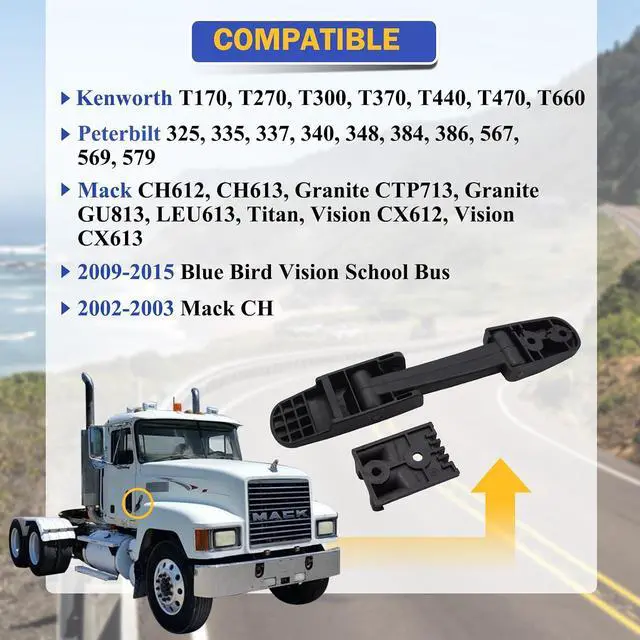 Alt view image 2 of 6 - 2PCS Heavy Duty Hood Latch Kit LH/RH for Kenworth T170, T270, T330, T370, T660 / Peterbilt 325, 335, 337, 340, 348, 384, 386, 567, 569, 579 / Mack CH/Blue Bird 315-5502&315-5503
