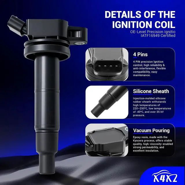 Alt view image 4 of 7 - UF333 Pack of 4 Ignition Coil Packs Fit For 2001-2012 Toyota Camry Corolla RAV4 Solara Matrix Highlander Lexus HS250h Scion xB TC 2.0L 2.4L L4 C1330 90919-02244