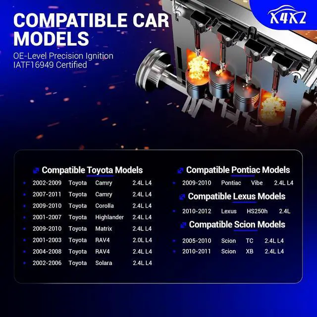 Alt view image 2 of 7 - UF333 Pack of 4 Ignition Coil Packs Fit For 2001-2012 Toyota Camry Corolla RAV4 Solara Matrix Highlander Lexus HS250h Scion xB TC 2.0L 2.4L L4 C1330 90919-02244