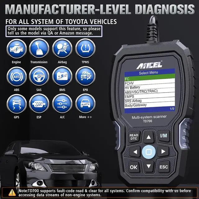 Alt view image 2 of 7 - TD700 Fits for Toyota OBD2 Scanner, Engine Car Diagnostic Scan Tool+Protective Case Storage Bag