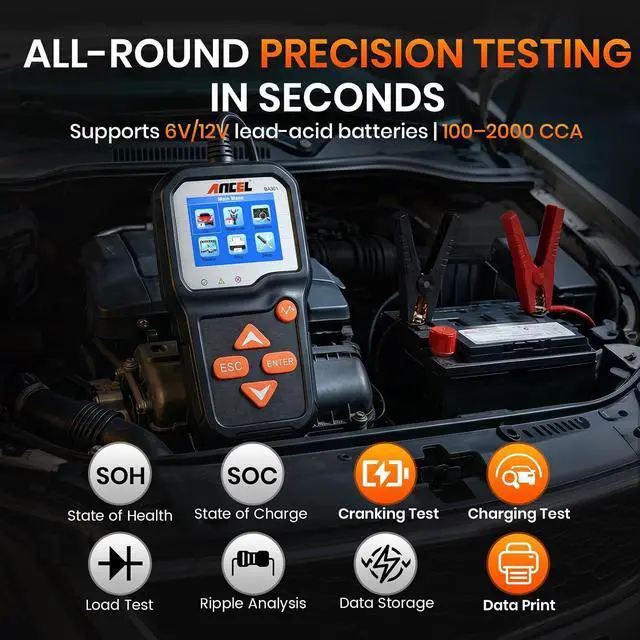 Alt view image 2 of 7 - BA301 6V 12V Car Battery Tester, 100-2000 CCA Automotive Load Tester Alternator Tester Auto Digital Battery Analyzer Cranking and Charging System Test Tool for Motorcycle Car Boat Truck SUV ATV