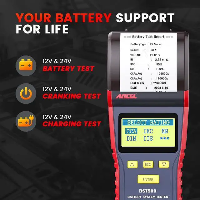 Alt view image 5 of 7 - BST500 Car Battery Tester with Printer, 12v 24v Automotive Battery Load Tester, Cranking Charging System Analyzer, 99.99% Accuracy for Car Motorcycles Truck SUV ATV RV and More