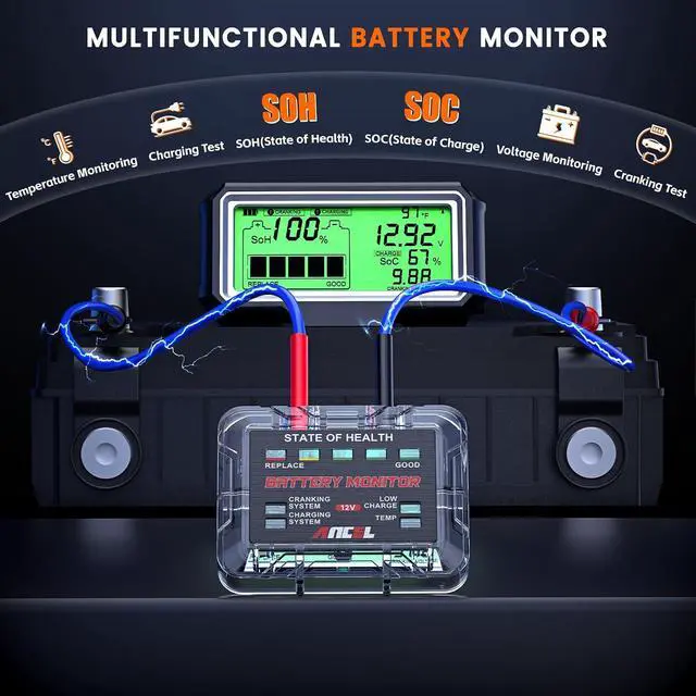 Alt view image 2 of 7 - BM200 PRO 12V Car Battery Monitor, 433MHz Wireless Transmission Battery Tester with Cranking Charging Test, Voltage & Temperature & Alarm Real-Time Monitoring for Car, Motocycle, RV, Truck, Boat