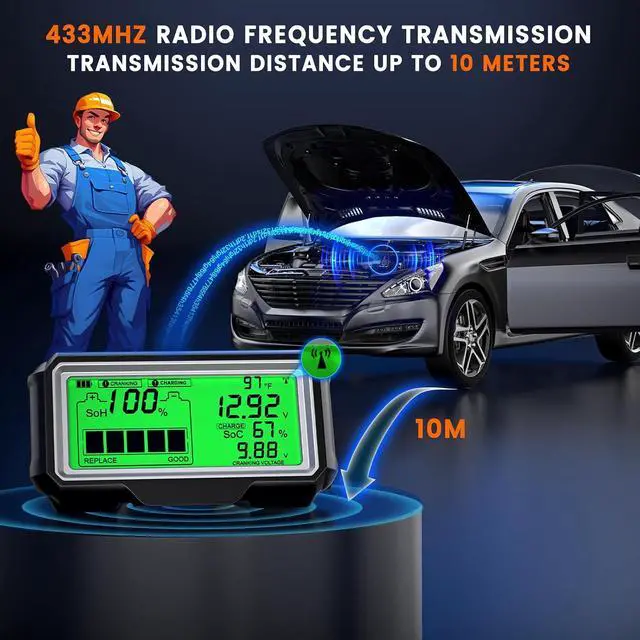 Alt view image 3 of 7 - BM200 PRO 12V Car Battery Monitor, 433MHz Wireless Transmission Battery Tester with Cranking Charging Test, Voltage & Temperature & Alarm Real-Time Monitoring for Car, Motocycle, RV, Truck, Boat