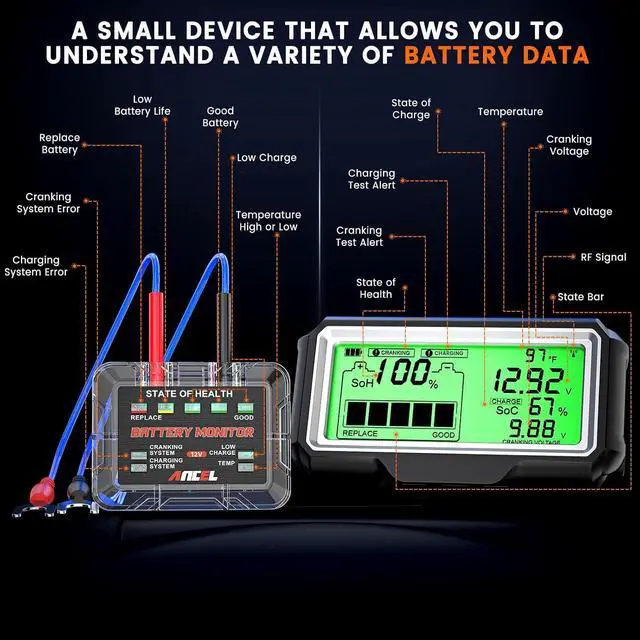 Alt view image 7 of 7 - BM200 PRO 12V Car Battery Monitor, 433MHz Wireless Transmission Battery Tester with Cranking Charging Test, Voltage & Temperature & Alarm Real-Time Monitoring for Car, Motocycle, RV, Truck, Boat