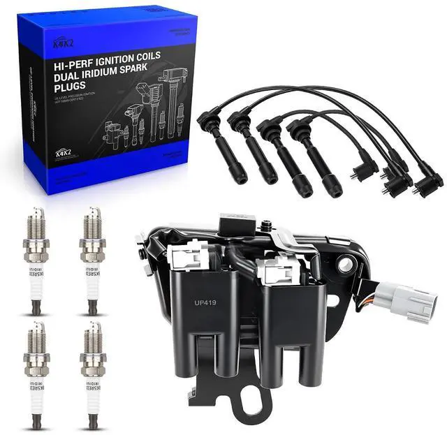 Main image of UF419 Ignition Coil & 4503 Double Iridium Spark Plug & 27501-23B70 Spark Plug Wire Set for 03-09 Hyundai Elantra/03-08 Tiburon/05-09 Tucson, 2005-2009 Kia Spectra/Spectra5, 05-07 Sportage L4 2.0L Only