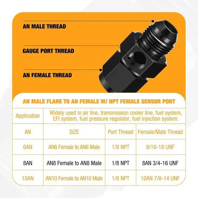 Alt view image 3 of 6 - 10AN Male Flare to 10AN Female Swivel with 1/8" NPT Female Sensor Port Fuel Pressure Take Off Fitting Adapter Aluminum