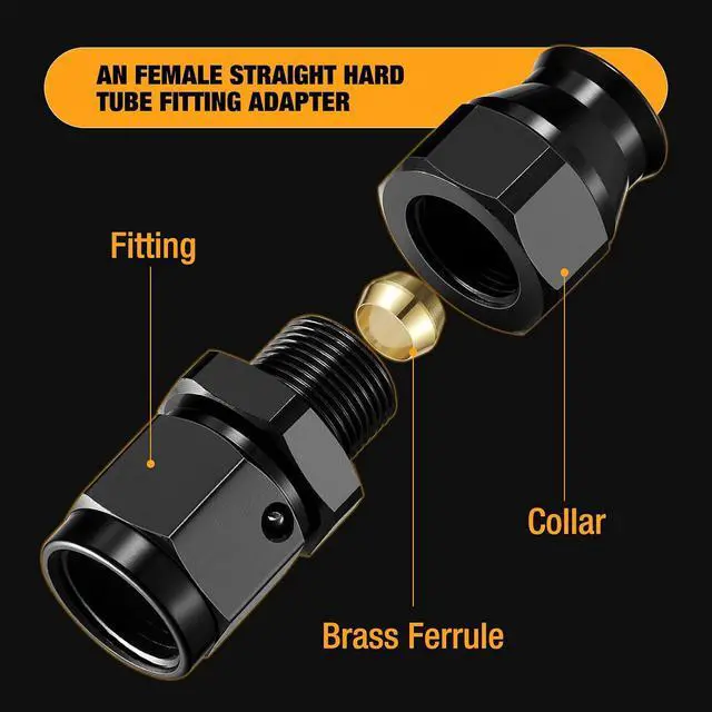 Alt view image 3 of 7 - 6AN Female Flare to 3/8" Hardline Tube Fuel Line Fitting, 3/8 inch OD tube to 6AN female Straight Aluminum Hard Tube Adapter Aluminum 2pcs