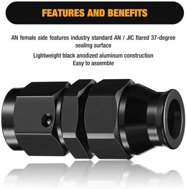 Alt view image 4 of 7 - 6AN Female Flare to 3/8" Hardline Tube Fuel Line Fitting, 3/8 inch OD tube to 6AN female Straight Aluminum Hard Tube Adapter Aluminum 2pcs