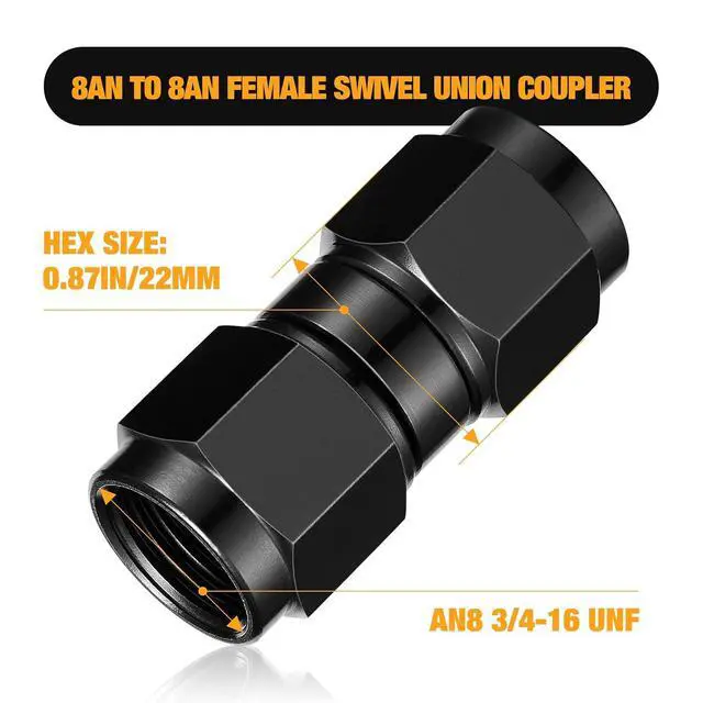 Alt view image 2 of 7 - 8AN Female to 8AN Female Straight Swivel Coupler Union Fitting Adapter Aluminum 2 pcs
