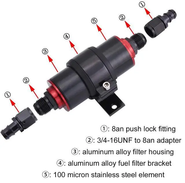 Alt view image 2 of 5 - 8AN High Flow Inline Fuel Filter Kit with Bulkhead Adapter, Push-On Fitting and Fuel Pump Filter Bracket for 1/2 Fuel Hose Line, Great for Gasoline, E85 Ethanol Fuel and Diesel