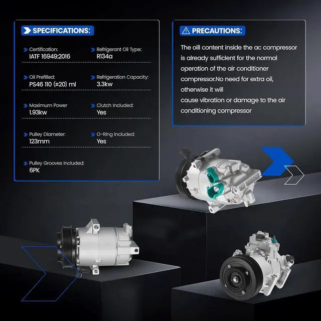 Alt view image 4 of 7 - 198354 Air Conditioning A/C Compressor with Clutch Compatible with Kia Soul 2012-2013 L4 2.0L, Compatible with Hyundai Elantra 2013 L4 1.8L