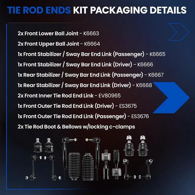 Alt view image 4 of 7 - 14-PC Tie Rod Kits Compatible with Chevy Trailblazer 2003-2009,2xInner EV80965,2xOuter ES3675 ES3676,4xBall Joint K6663 K6664,4xStabilizer Bar Link K6665-K6668,2xdust cover