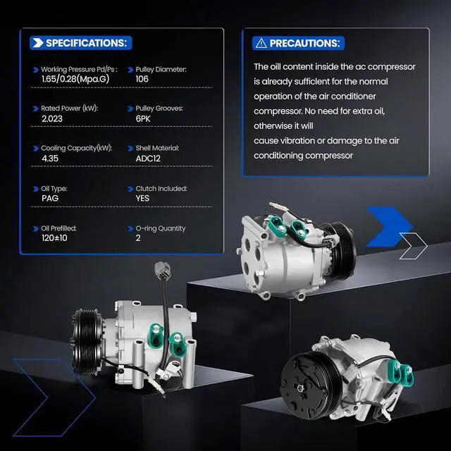 Alt view image 6 of 7 - 77613 Air Conditioning A/C Compressor with Clutch Compatible with Acura EL 2001-2005 1.7L L4, Compatible with Honda Civic 2002-2005 1.7L L4