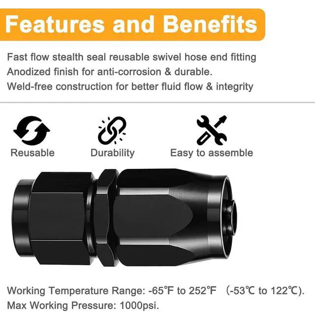 Alt view image 4 of 6 - 6AN Straight Swivel Hose End Fitting Aluminum Seal AN Hose End Fitting for Braided Fuel Line