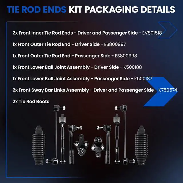 Alt view image 4 of 7 - 10-PC Steering Suspension Kits Compatible with Toyota Sienna 2011-2020,2xInner tie rod EV801518,2xOuter tie rod ES800997 ES800998,2xBall Joint K500187 K500188,2xStabilizer Bar Link K750574