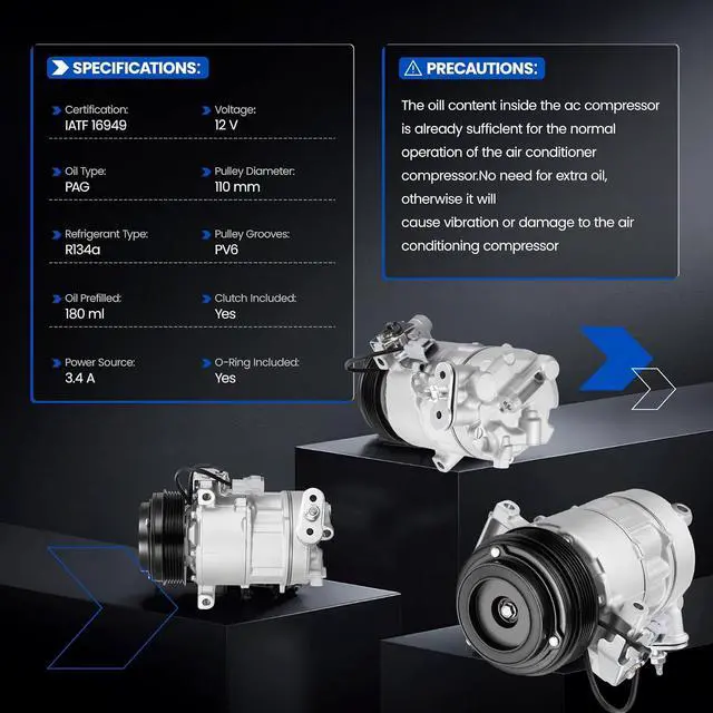 Alt view image 6 of 7 - 141262C Air Conditioning A/C Compressor with Clutch Compatible with Ram ProMaster City 2015-2020 L4 2.4L, 6-Groove Pulley