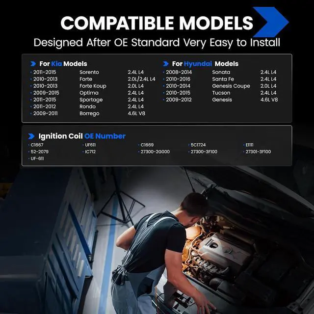 Alt view image 2 of 7 - 4 Ignition Coils Pack Fix Misfires for Kia Sorento/Forte/Optima/Sportage/Borrego/Rondo & Hyundai Sonata/Santa Fe/Tucson/Genesis (2.0L/2.4L/4.6L) Repl. UF611/C1667/C1669