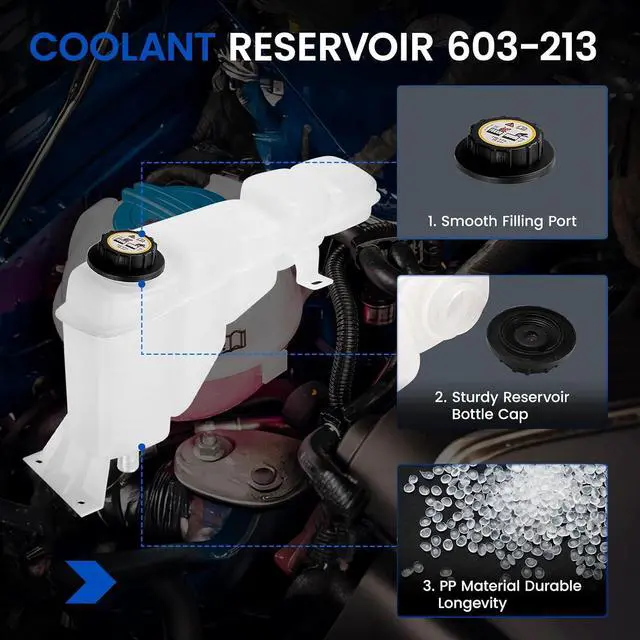 Alt view image 2 of 7 - 603-213 Coolant Reservoir Tank for Ford Super Duty Excursion 99-05 | Fits Ford Super Duty F-250/F-350 99-04 & Excursion 00-05 5.4/6.8/7.3L; 16PSI cap, 3 holes; Replaces 2C3Z8A080AA/F6DZ8100A