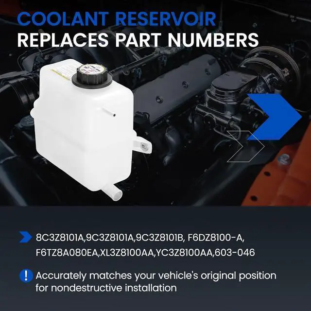 Alt view image 3 of 7 - 603-046 Engine Coolant Reservoir Tank for Ford 7.3L Diesel 95-97 | Fits Ford F-250/F-350/F-Super Duty 1995-1997 7.3L Diesel; OE 9C3Z8101B/F6TZ8A080EA; 1L, 15PSI cap, with sensor; Direct fit