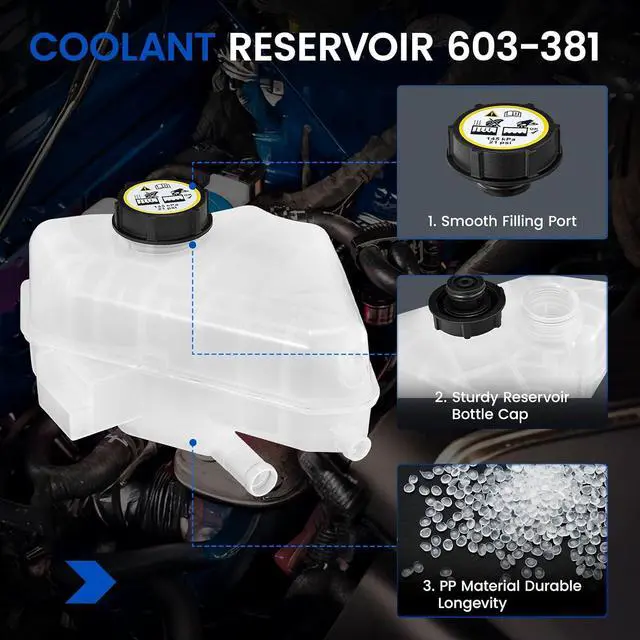 Alt view image 2 of 7 - 603-381 Engine Coolant Reservoir Tank for Ford Fiesta EcoSport 11-19 | Fits Ford Fiesta 11-19 1.6/1.0L & EcoSport 13 2.0L; 21PSI cap, 2 holes; Replaces BE8Z8A080A/BE8Z8100A