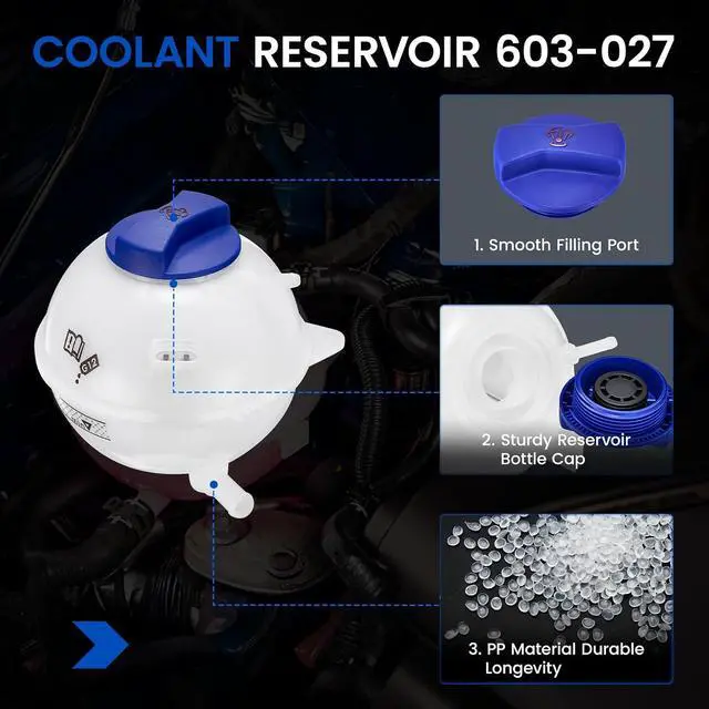 Alt view image 4 of 7 - 603-027 Coolant Tank for VW/Audi/Seat 99-15 | Fits VW Golf/Jetta/Beetle, Audi A3/S3/TT, Seat Leon/Toledo 1999-2015; OE 1J0121403B; Pressurized, 21.5PSI cap; Direct fit