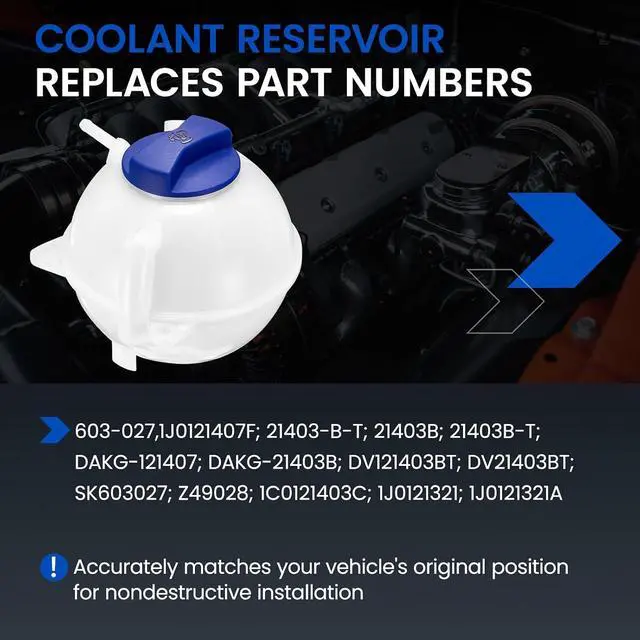 Alt view image 3 of 7 - 603-027 Coolant Tank for VW/Audi/Seat 99-15 | Fits VW Golf/Jetta/Beetle, Audi A3/S3/TT, Seat Leon/Toledo 1999-2015; OE 1J0121403B; Pressurized, 21.5PSI cap; Direct fit