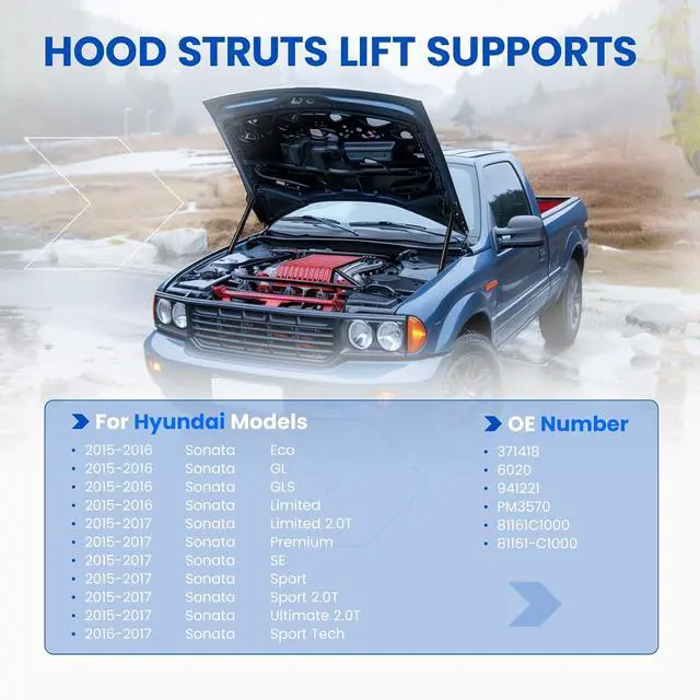 Alt view image 2 of 7 - Hood Struts 81161-C1000 Lift Support for Hyundai Sonata 2015-2017 | Compatible with Sonata 2015-2017 | OE# 6020/PM3570/941221 | Extended 14.28" Compressed 9.38" | 316N | 2 Pcs