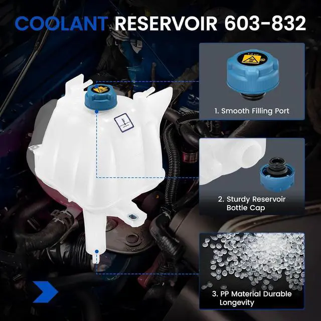 Alt view image 2 of 7 - 603-832 Engine Coolant Reservoir Tank for Ram ProMaster 14-21 | Fits Ram ProMaster 1500/2500/3500 14-21 3.6/3.0L; 20.3PSI cap, 1L, 3 holes; Replaces 52014880AA/68097622AA