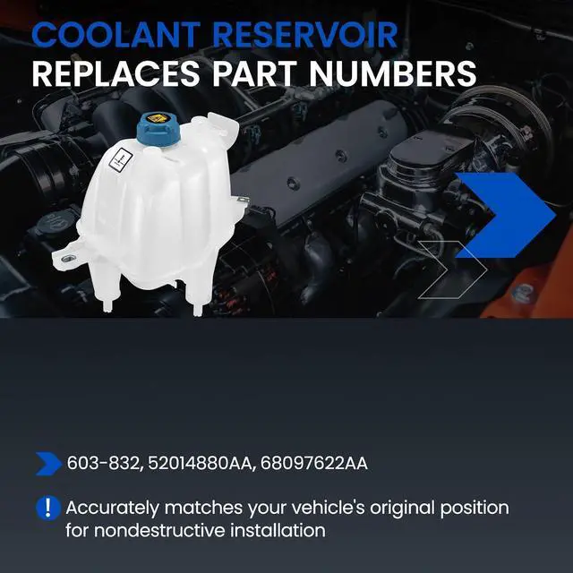 Alt view image 3 of 7 - 603-832 Engine Coolant Reservoir Tank for Ram ProMaster 14-21 | Fits Ram ProMaster 1500/2500/3500 14-21 3.6/3.0L; 20.3PSI cap, 1L, 3 holes; Replaces 52014880AA/68097622AA