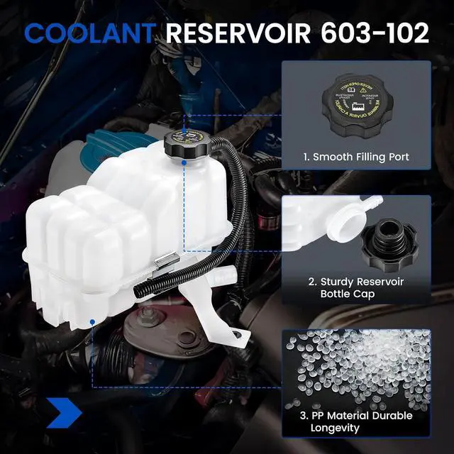 Alt view image 2 of 7 - 603-102 Engine Coolant Reservoir Tank for GMC Chevy 99-07 | Fits GMC Sierra/Yukon 99-07, Chevy Silverado/Suburban/Tahoe 99-07; 15PSI cap, pressurized; OE 15203949/15778386/19353731