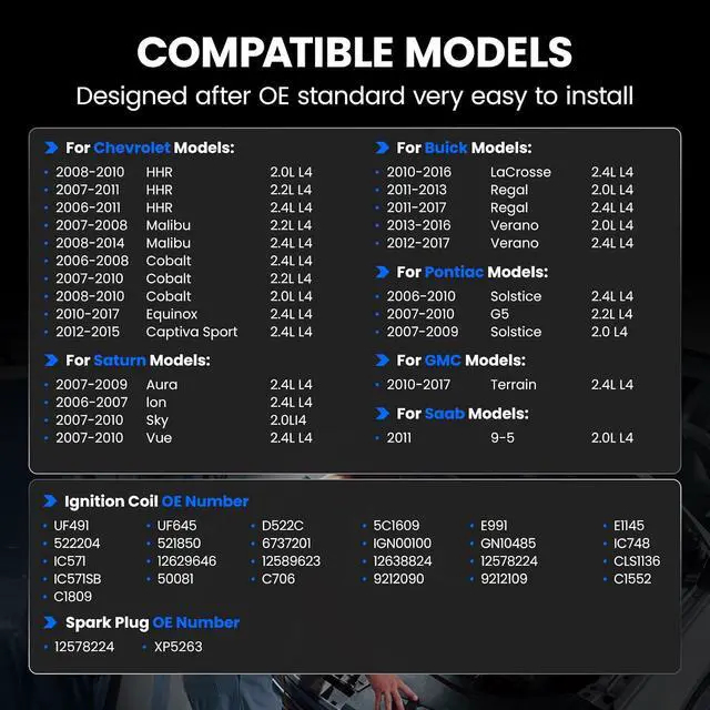 Alt view image 2 of 7 - 4 Ignition Coils UF491 + 4 Spark Plugs XP5263 for GMC for Chevy | Fits GM L4 06-17:LaCrosse,Regal,Cobalt,HHR,Malibu,Equinox,Terrain,Solstice,G5,Aura,Ion,Vue. OE:D522C,12578224,12638824.