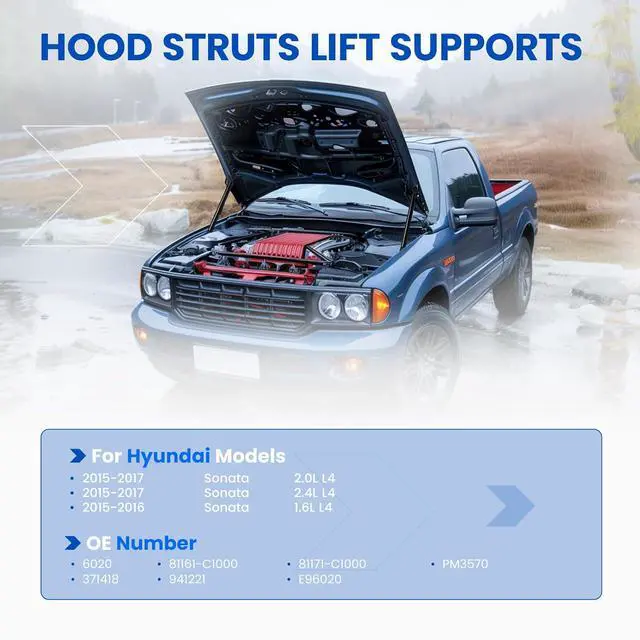 Alt view image 3 of 7 - Hood Struts 6020 Shock Lift Support for Hyundai Sonata 2015-2017 | Fits Hyundai Sonata 2015-2017 | OE# 81161-C1000/PM3570/941221 | Extended 14.3" Compressed 8.7" | 316N Force | 2 Pcs