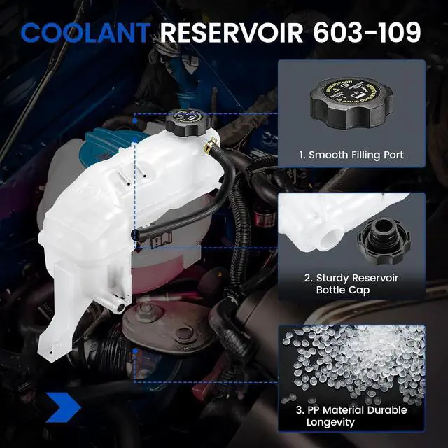 Alt view image 2 of 7 - 603-109 Engine Coolant Reservoir Tank for Chevrolet Pontiac 99-05 | For Pontiac Grand Am/Sunfire 99-05 & Chevy Cavalier/Malibu 99-05; 15PSI cap, pressurized; Replaces 22712361/22712027/FRT1201C